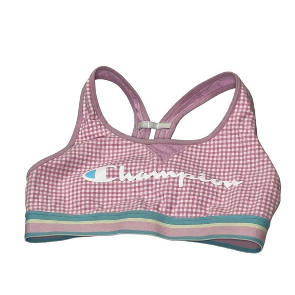 Champion Intimates Womens Active Sports Bra Medium Pink Gingham Logo Racer Back - Picture 1 of 8